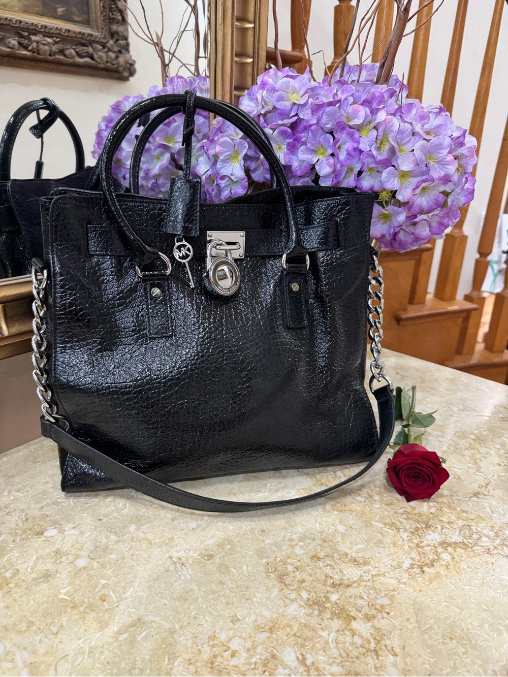 Michael Kors Black Patent Leather Satchel with Chain Strap